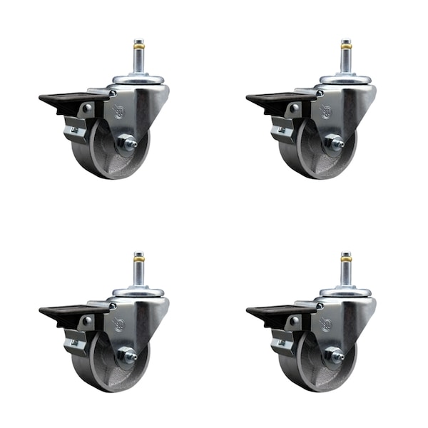 Semi Steel Swvl Grip Ring Caster Set 4 w/3''Wheel&7/16''Stem-4 Swvl w/Top Lck BRK, 4PK